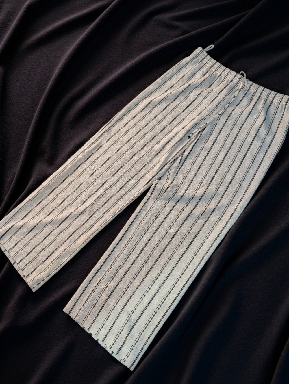 Calvin Klein Cream Wide-Leg Pants with Black Pinstripes